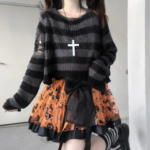 Gothic Punk Sweater Dress Women Striped Distressed Holes Aesthetic Casual Fashion Jumper