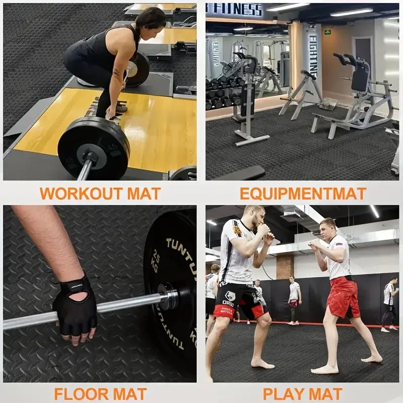 Collage of different types of mats used in a gym setting, including workout mat, equipment mat, floor mat, and play mat.
