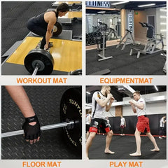 Collage of different types of mats used in a gym setting, including workout mat, equipment mat, floor mat, and play mat.
