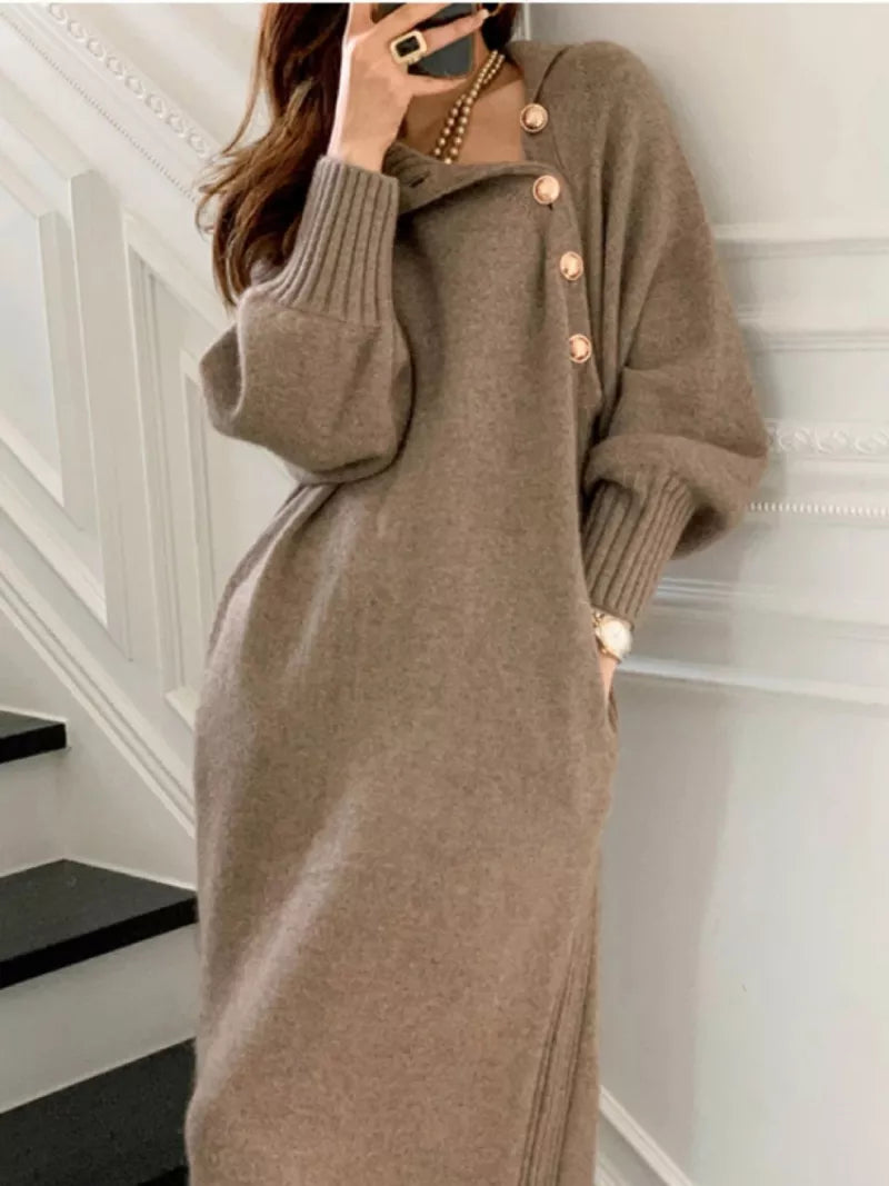 Vintage Mock Neck Midi Dress Long Sleeve Knitted  Long Dresses Ribbed Mock Neck With Buttons