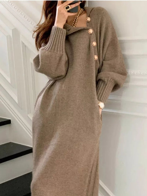 Long Sleeve Knit Midi Dress Women Vintage Mock Neck Ribbed Button Elegant Casual Winter Fashion
