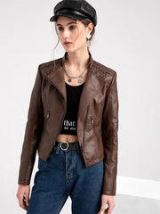 Faux Leather Jacket Women's Slim Vintage Zipper Short Coats Turn-Down Collar