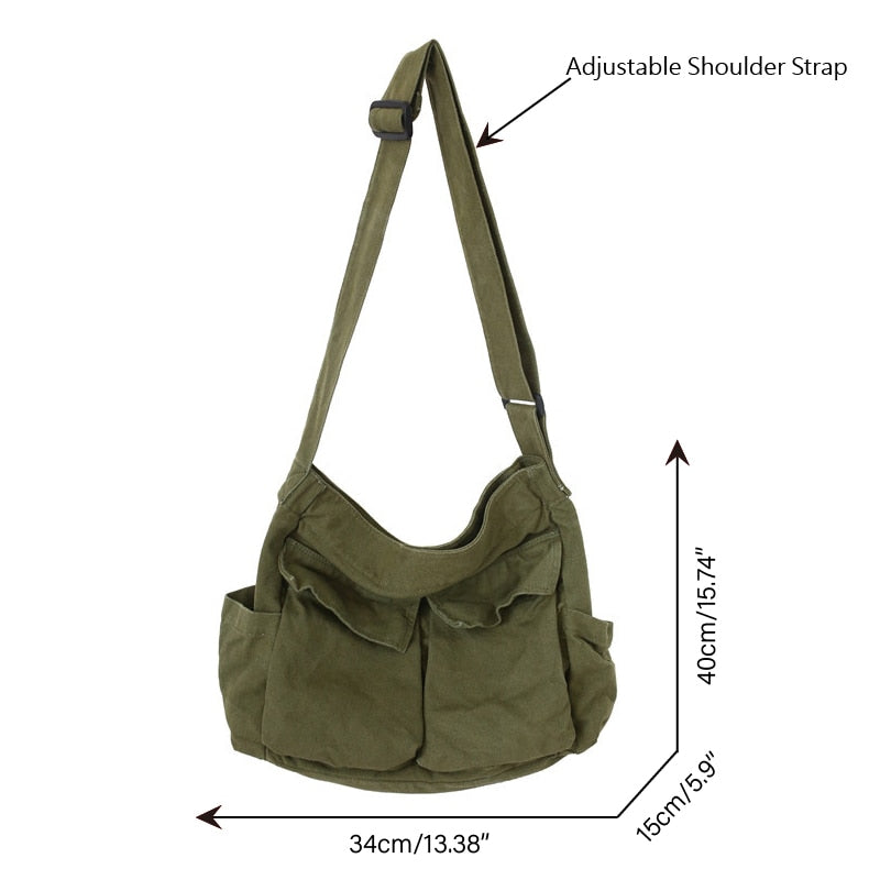 Large Capacity Canvas Shoulder Bag with Multiple Pockets Tote Bag for School Shopping Work
