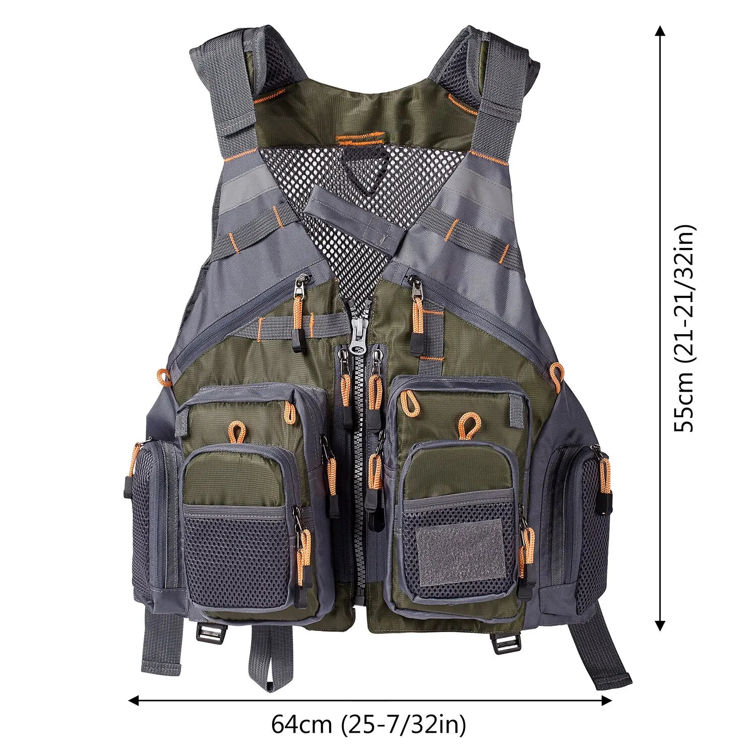Multicolored utility vest with multiple pockets and straps, shown with measurements on a white background.