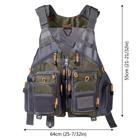 Multicolored utility vest with multiple pockets and straps, shown with measurements on a white background.