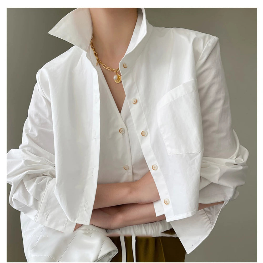 White/Khaki Fake 2-Piece Shirt Boutique Design Short Casual Long-Sleeved Crop Top