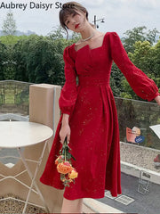 Red A-Line Evening Dress - long sleeves