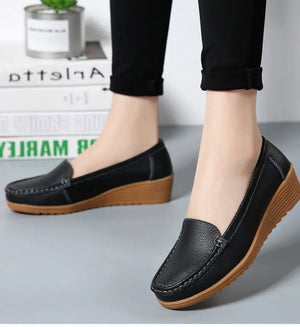 Women's Wedge Heel Shoes New Leather Slip On Loafers Casual Flats