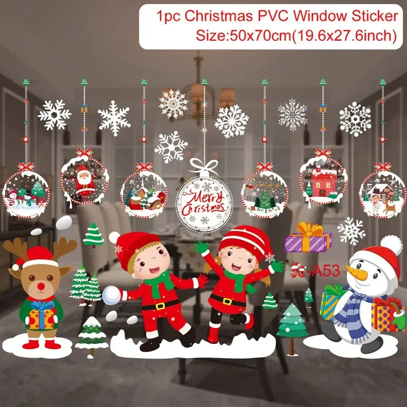 Christmas PVC window stickers with Santa Claus, reindeer, and snowman on a glass door.