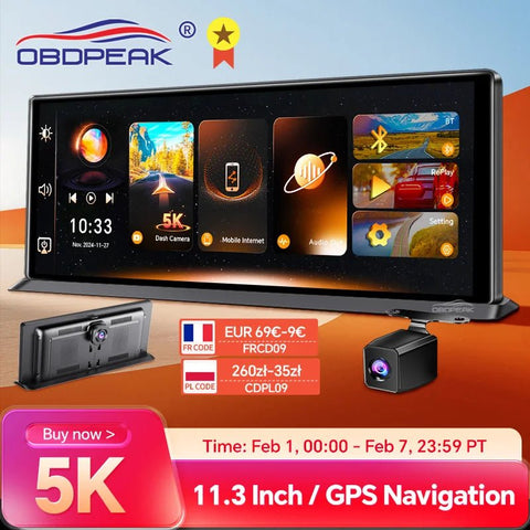 Touch Screen 5K Dash Cam 11.3 Inch GPS Navigation System with multiple display screens on a colorful background, featuring OBDPEAK brand.