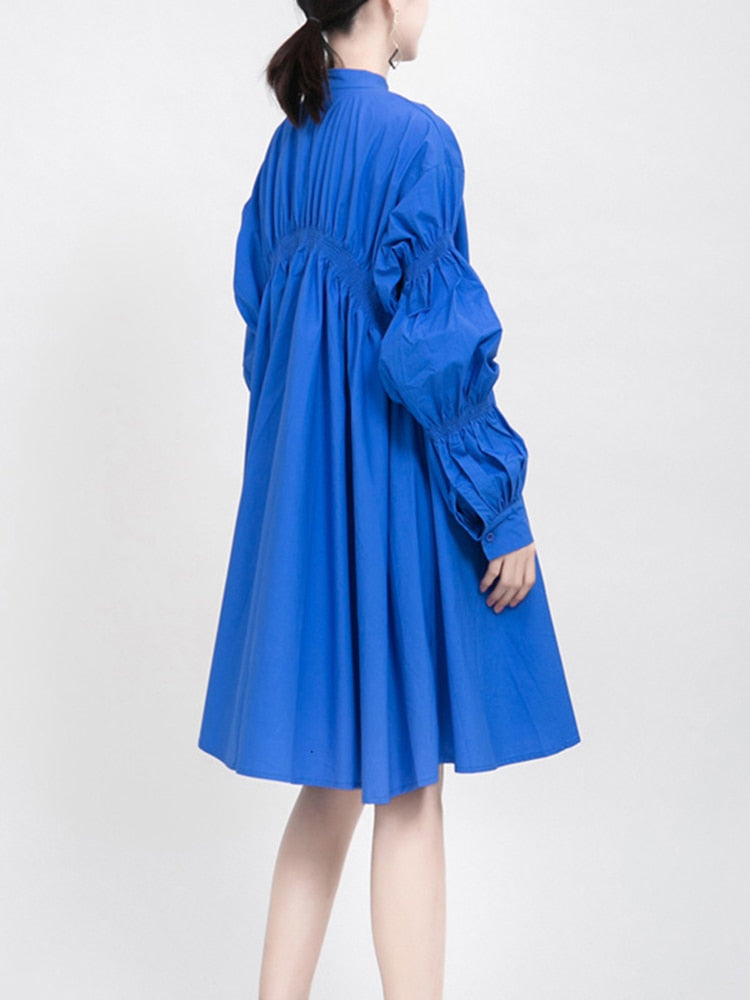 Asymmetrical Pleated Loose Fit Dress New Stand Collar Long Sleeve Loose Fit Fashion Dress