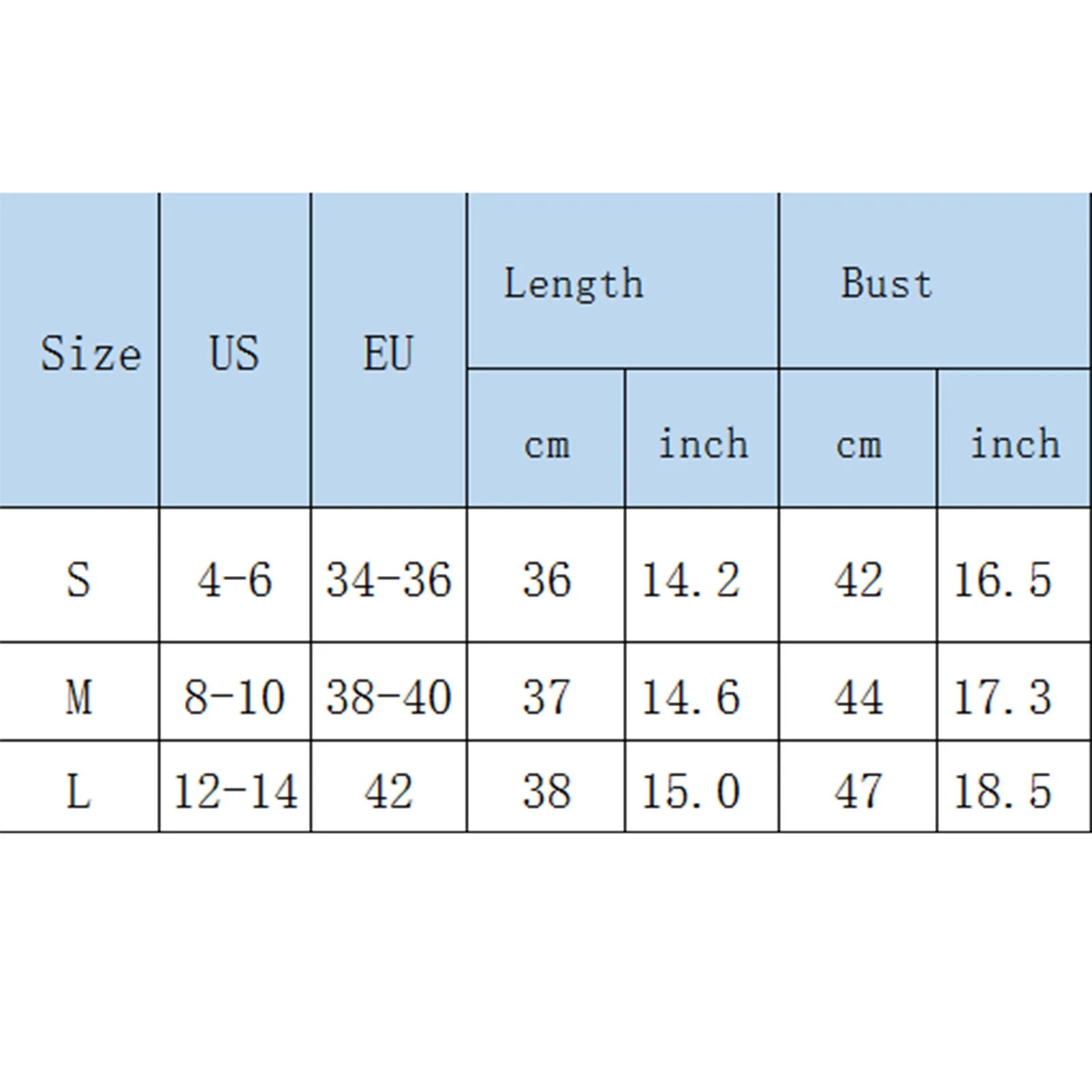 Size chart for clothing with measurements in US, EU, cm, and inch formats.