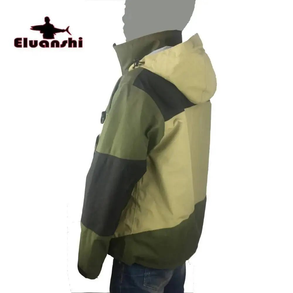 Green and gray jacket on a mannequin with 'Elvanshi' branding.