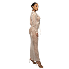 Sexy Knitted V-Neck Sleeves Crochet Dress  Hollow Out Crocheted Beach Cover Ups