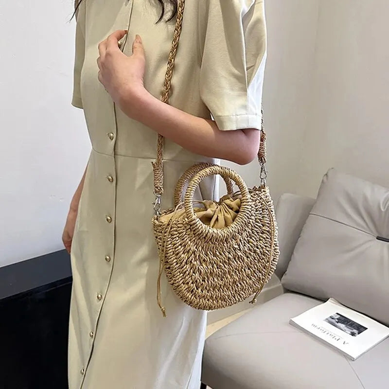 Handwoven Straw Purse Rattan Half-Moon Beach Handbag Large Capacity Women Summer Hollow Out Crossbody Shoulder Bag