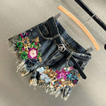 Women's Vintage Y2K Sequin Floral Denim Shorts Distressed Tassel Embroidered Handmade Rhinestone Fringe Denim Shorts