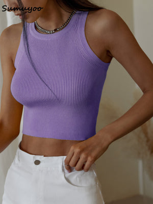 Women's Summer Knitted Tank Tops Casual Sleeveless O Neck Crop Tops