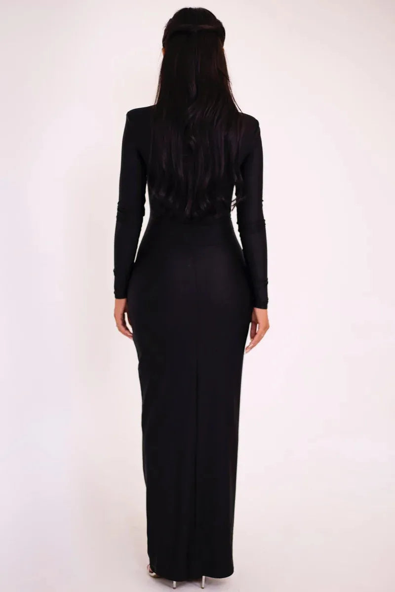 Elegant Black Cutout Long-Sleeve Evening Gown Hollow Out Maxi Dress