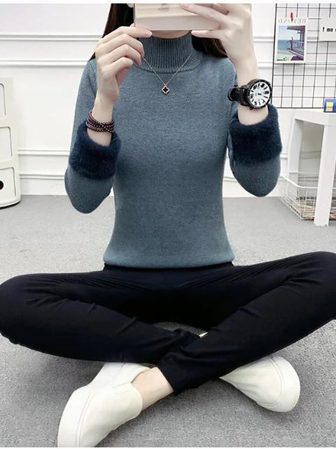 High Turtleneck Sweater Women Thermal Fleece Lined Long Sleeve Soft Thick Warm Jumper Winter Fashion
