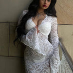 Elegant Lace See Through V-Neck Maxi Sexy Dress For Women Summer Chic Long Sleeve Hollow Out Slim Maxi Dress