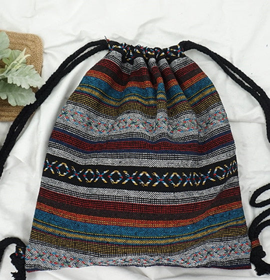 Women's Fabric Backpack Bohemian Hippie Chic Soft Brown Bag Drawstring Backpack