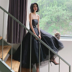 Elegant Strapless Black Tulle Midi Dress Prom Gown