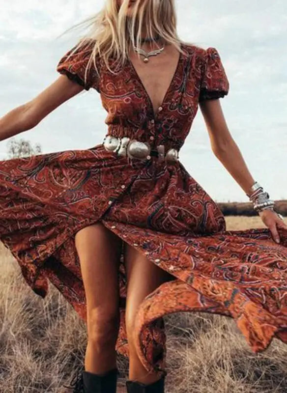 Boho Long Dress Vintage Floral Print Chiffon 3/4 Sleeve V-Neck Long Slit Summer Hippie Dresses