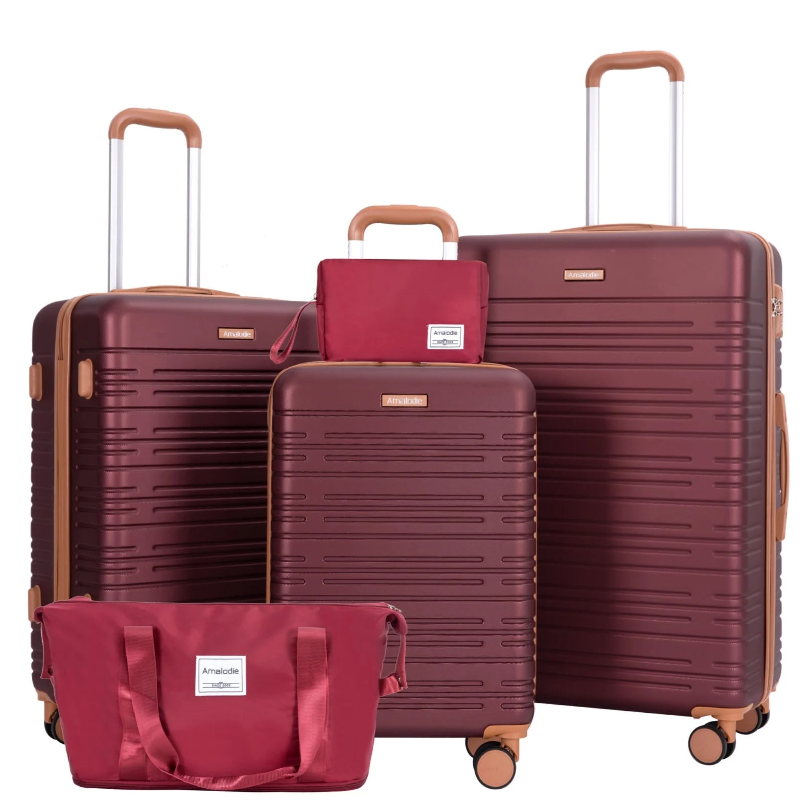 Set of maroon suitcases and matching duffel bags with brown handles and wheels on a white background.