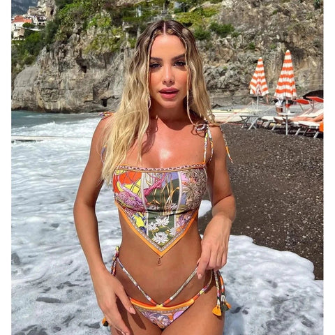 Bikini Set Women Brazilian Print Halter Backless Two-Piece Swimsuit Bathing Suit Beach Swimwear