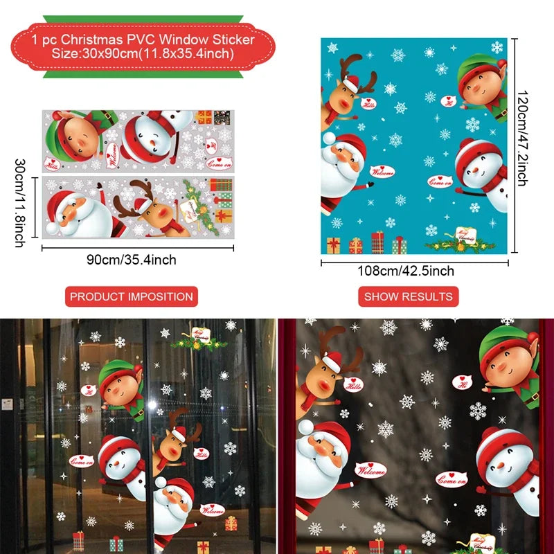 Christmas-themed window stickers with dimensions and product placement shown.