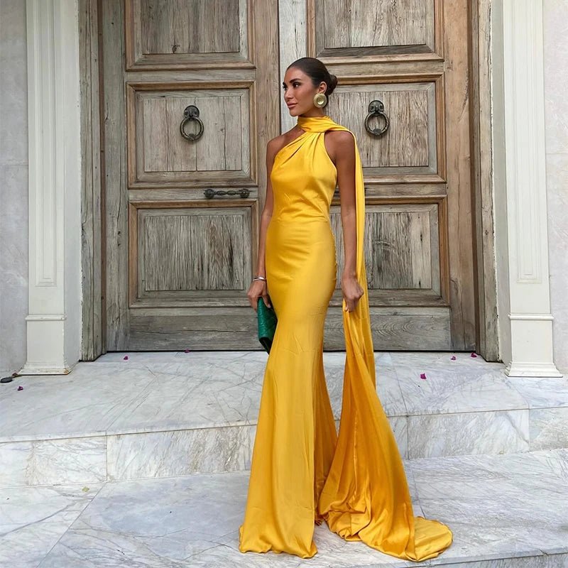 Satin Ribbon Halter Maxi Dress Women Backless Off Shoulder Elegant Evening Party Gown Summer
