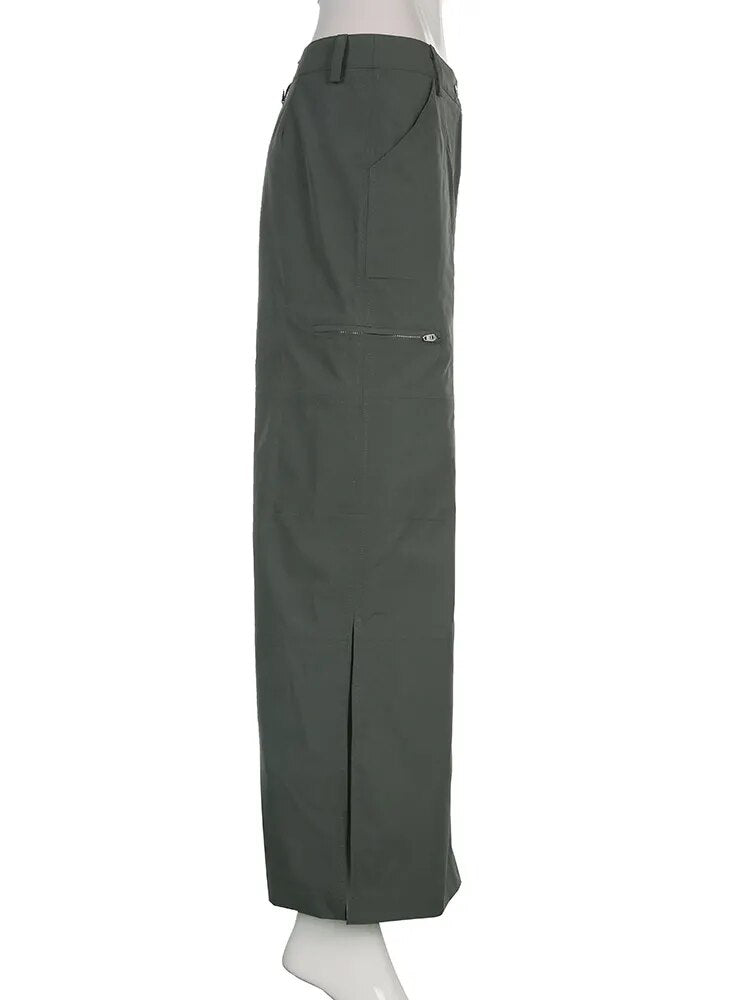 Women's Cargo Long Skirts with Slit Y2K Low Waist Maxi Skirt Retro Grunge Fashion