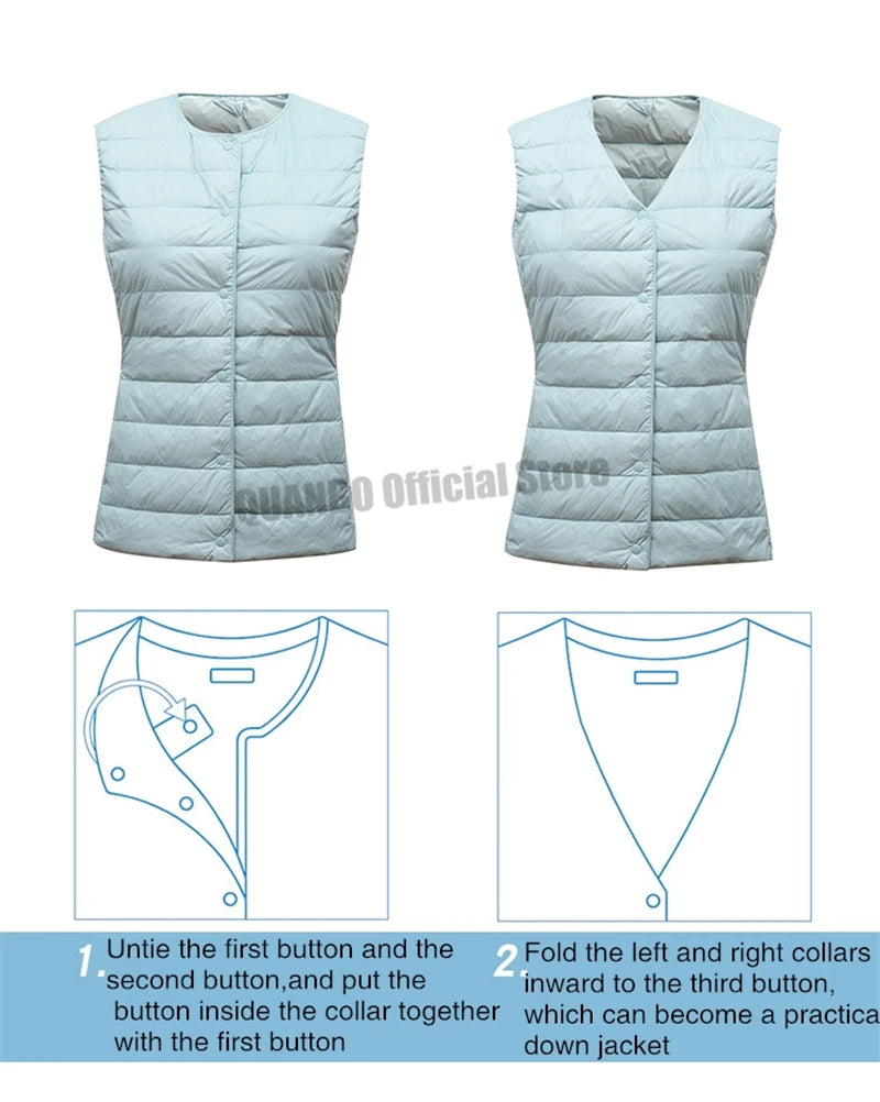 Convertible Puffer Vest Jacket with Dual Use Collar Design – Round Neck and V-Neck Switch 90% White Duck Down Ultra Lightweight