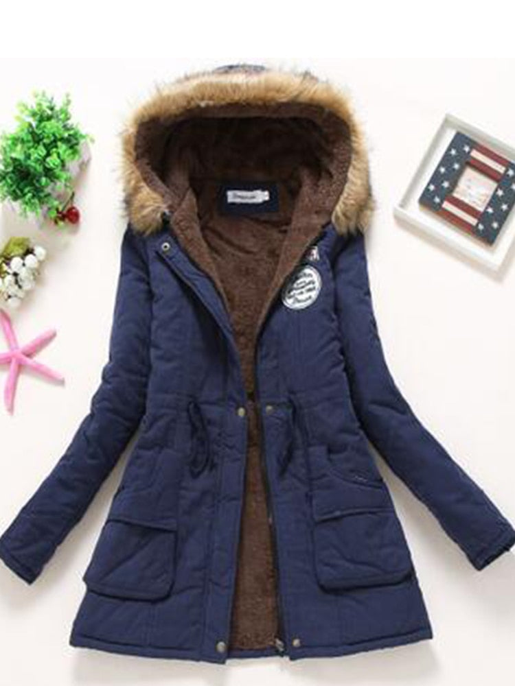 Women's Cotton Wadded Military Style Coat Hooded Fur Jacket