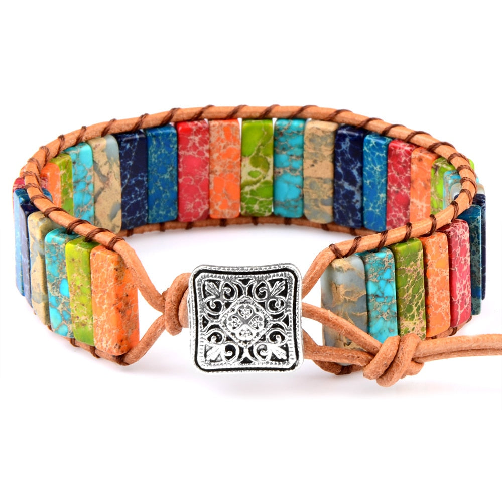 Multicolor Natural Gem Stone & Leather Adjustable Unisex Bracelets Meditation Yoga Bracelet