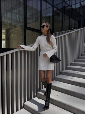 Women's Ribbed Knit Mini Dress O Neck Long Sleeve Slim Fit Dresses Autumn Winter Ladies Chic Party Clubwear Dresses