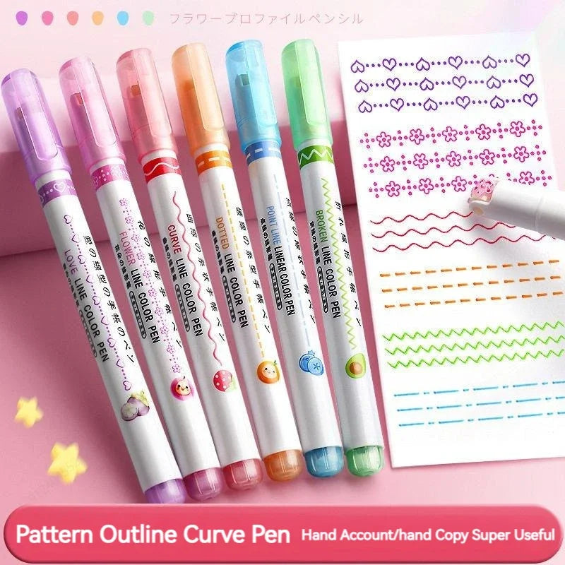 6Pcs/Set Pattern Outline Pen Curve Highlighter Art Marker Roller Tip Curve Liner Painting Scrapbooking