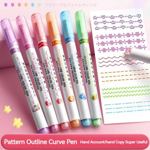 Set of colorful outline curve pens with sample lines on a pink background