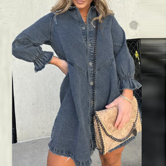 Single-Breasted Denim Mini Shirt Dress  Long Sleeve Denim Dress A-Line Mini Shirt Dress