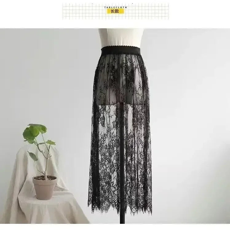 White Lace Tulle Skirt Women High Waist Transparent Midi Elegant Beach Casual Summer Fashion