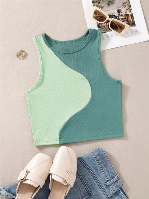 Y2K Patchwork Bodycon Tank Top Women Baby Tee Cute Preppy Crewneck Streetwear Casual Fashion