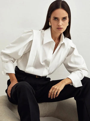 White/Black Long Sleeve Shirt for Women Elegant Casual Button Collar Top All-Season Office Wear Long Sleeve Shirt Boutique Fashion Aesthetic Button Shirts