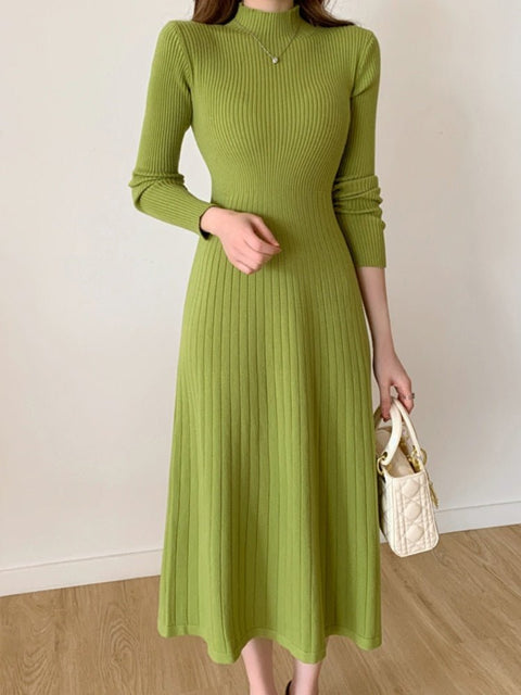 Long Sleeve Knitted Midi Dress Women Half High Collar Slim Elegant Party Fashion Dress