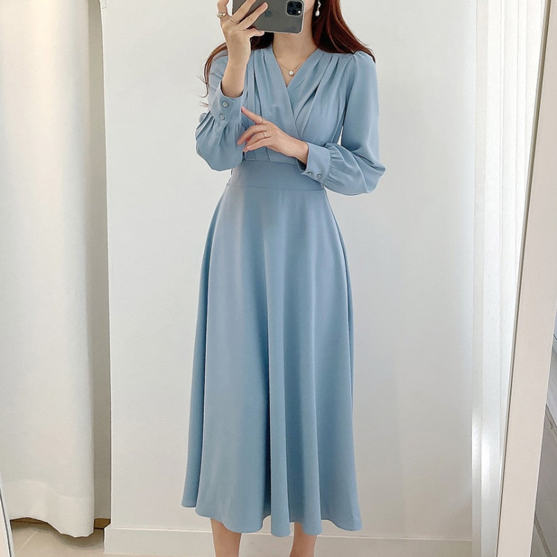 Ladies Solid Color V-neck Puff Sleeve A-line Maxi Dress