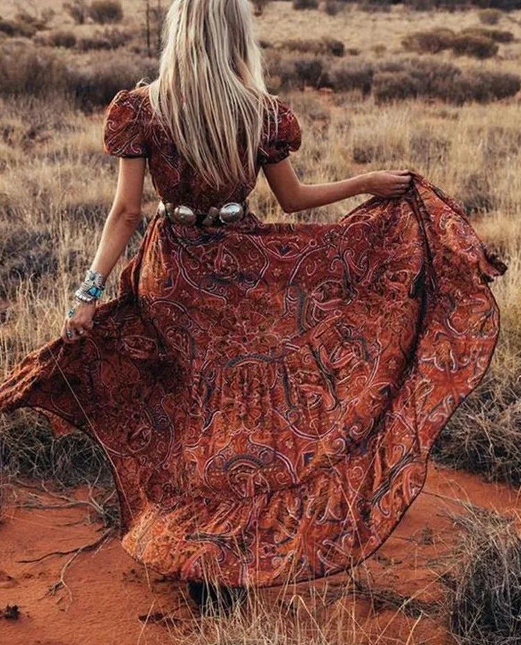 Boho Long Dress Vintage Floral Print Chiffon 3/4 Sleeve V-Neck Long Slit Summer Hippie Dresses