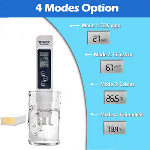 4-in-1 Digital Water Quality Tester TDS EC Meter, Range 0 to 9990 Multifunctional Water Purity Temperature TEMP PPM Tester