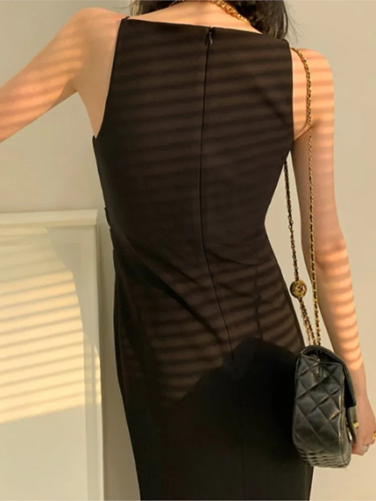Elegant Sleeveless Bodycon Dress Spaghetti Strap Vintage Slim Solid Party Birthday Chic Cocktail Midi Dress