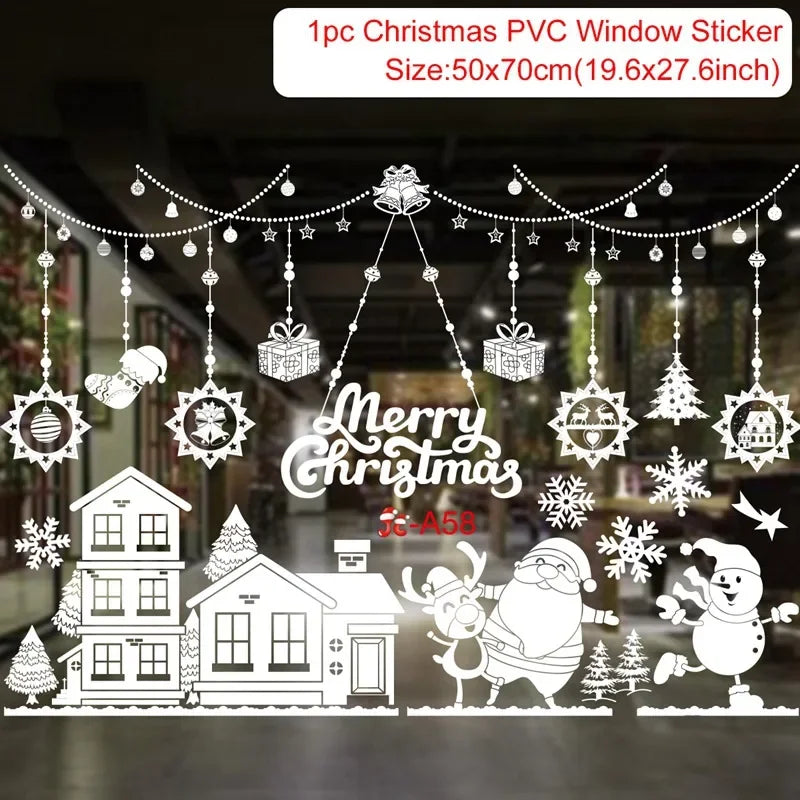 Christmas-themed PVC window sticker with Santa Claus, snowman, and festive elements on a glass surface.