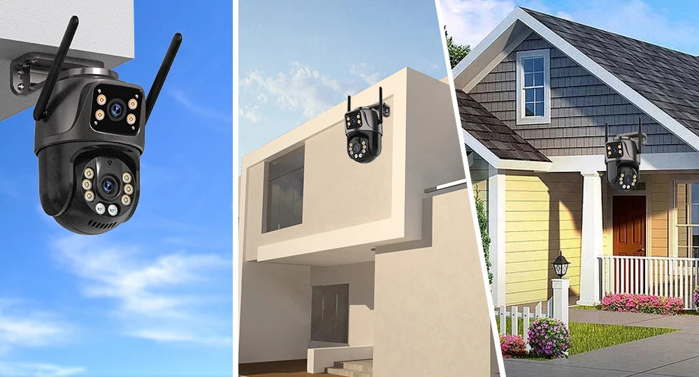 Outdoor security camera on a house exterior with clear sky background