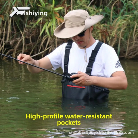 Man fishing in water wearing a hat and sunglasses with text about high-profile water-resistant pockets.